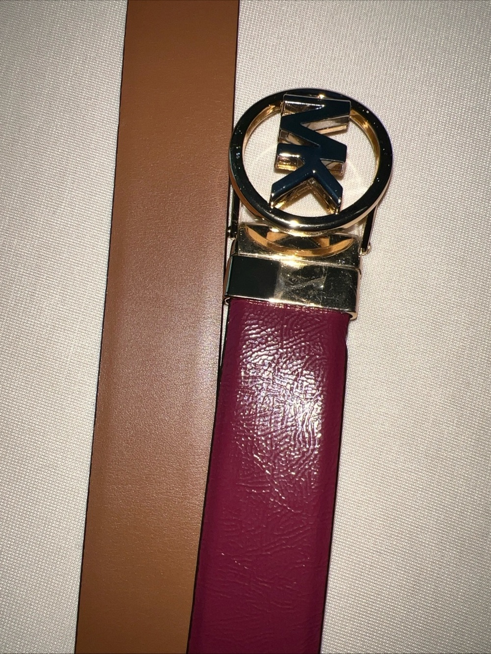 Michael Kors Reversible Leather Belt Tan/Burgundy with Silver/Gold MK Buckle M/L